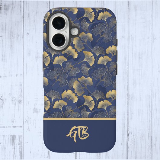 Elegante Blue Gold Ginkgo Blätter mit Name Monogra Case-Mate iPhone Hülle