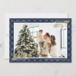 Elegante Blue Gold Kariert Foto Weihnachtskarte Feiertagskarte
