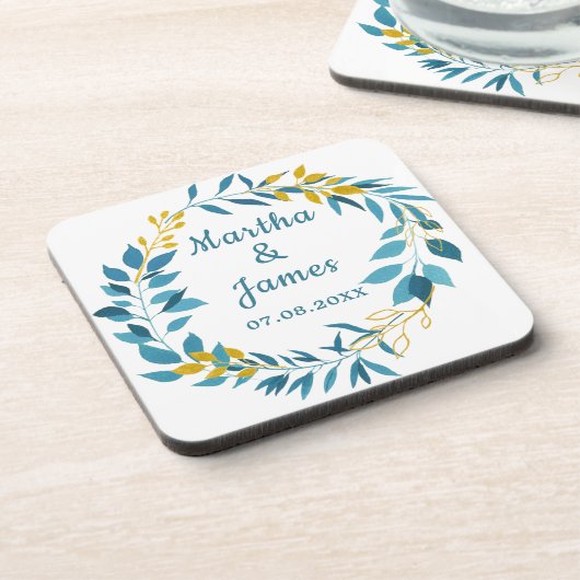 Elegante Blue Gold Leaf Personalisiert Hochzeit Getränkeuntersetzer (Linke Seite)