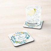 Elegante Blue Gold Leaf Personalisiert Hochzeit Getränkeuntersetzer (Rechte Seite)