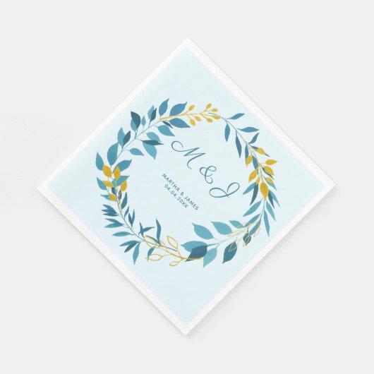 Elegante Blue Gold Leaf Personalisiert Hochzeit Serviette (Ecke)