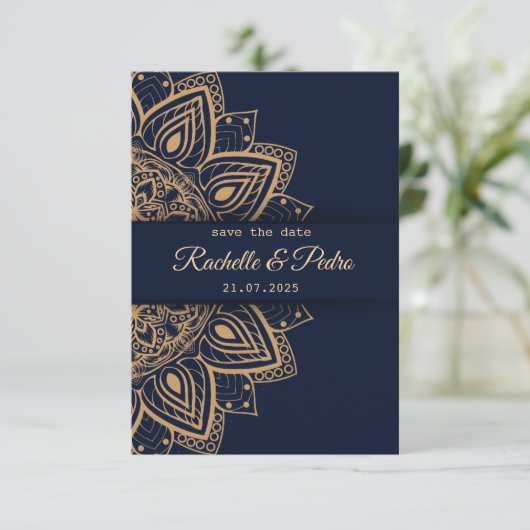 Elegante Blue Gold Luxury Wedding Save The Date (Stehend Vorderseite)