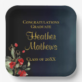 Elegante Blue Gold Red Floral Graduation Party Pappteller (Vorderseite)