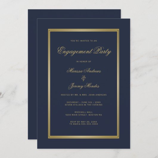 Elegante Blue Gold Script Engagement Party Einladung (Vorne/Hinten)