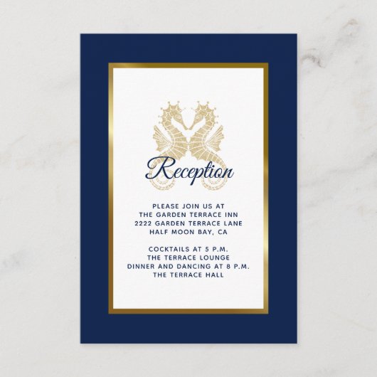 Elegante Blue Gold Seepferde Hochzeitsempfang Begleitkarte (Vorderseite)