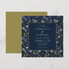 Elegante Blue Gold Silver Botanical Print Wedding Einladung