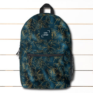 Elegante Blue Gold Tropical Floral Logo Corporate Bedruckter Rucksack