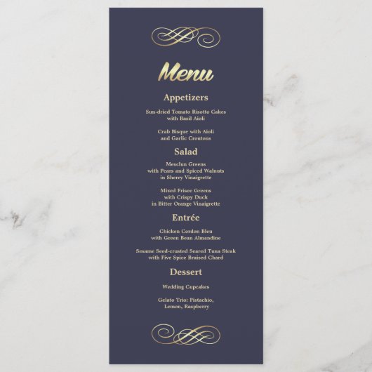 Elegante Blue Gold Wedding Menu Cards Menükarte (Vorderseite)