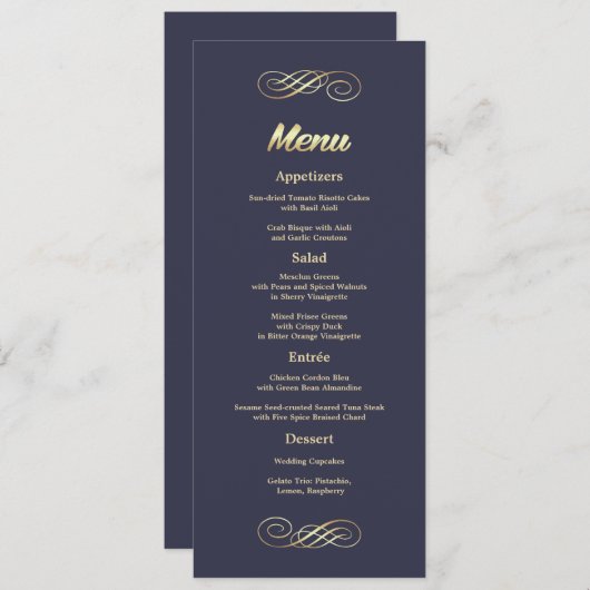 Elegante Blue Gold Wedding Menu Cards Menükarte (Vorne/Hinten)