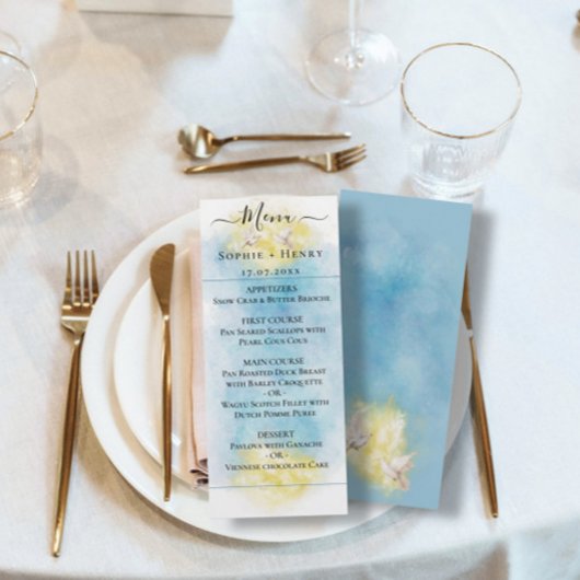 Elegante Blue & Gold Wedding White Doves Karte