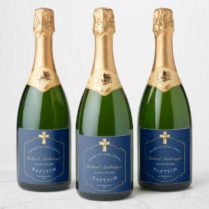 Elegante Blue Golden Cross Boys Taufe Schaumweinetikett