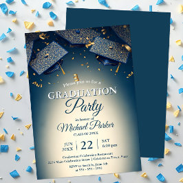 Elegante Blue Graduation Caps mit Gold Confetti Einladung