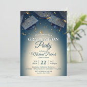 Elegante Blue Graduation Caps mit Gold Confetti Einladung (Stehend Vorderseite)