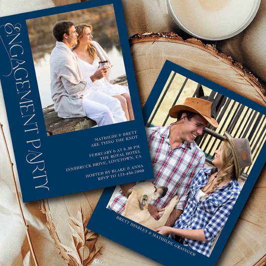 Elegante Blue Gray 2 Foto Engagement Party Einladung