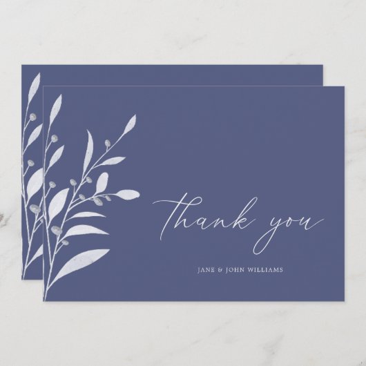 Elegante Blue Gray Foliage Hochzeit Dankeskarte (Vorne/Hinten)