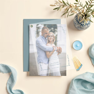 Elegante Blue Hand Drawn Bow & Ribbon Wedding Pergament Einladungen