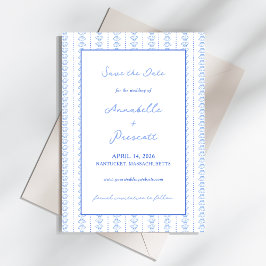 Elegante Blue Hand Drawn Seashell Coastal Hochzeit Save The Date