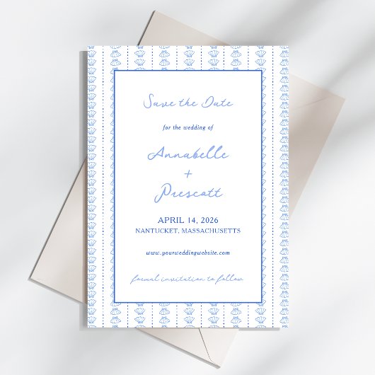 Elegante Blue Hand Drawn Seashell Coastal Hochzeit Save The Date