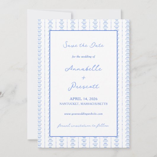 Elegante Blue Hand Drawn Seashell Coastal Hochzeit Save The Date (Vorderseite)