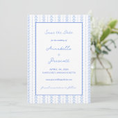 Elegante Blue Hand Drawn Seashell Coastal Hochzeit Save The Date (Stehend Vorderseite)