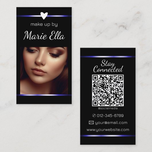 Elegante Blue Heart Foto QR-Code-Vorlage Visitenkarte (Vorne/Hinten)