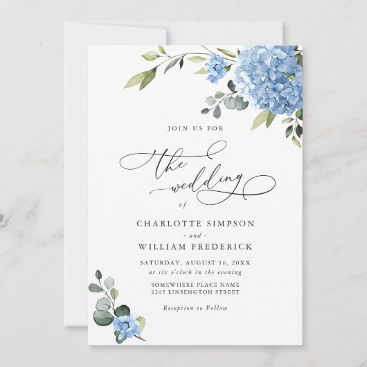 Elegante Blue Hydrangea Blumenhochzeit Einladung (Vorderseite)