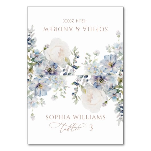 Elegante Blue Hydrangea & Blush Wedding Platzkarte Tischnummer (Vorderseite)