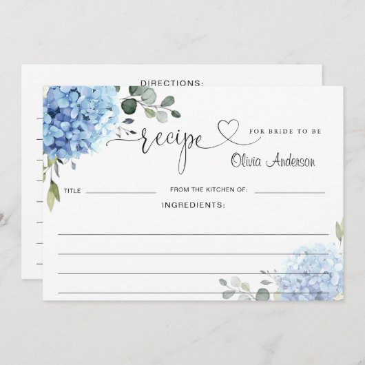 Elegante Blue Hydrangea Brautparty Rezept Card Einladung (Vorne/Hinten)