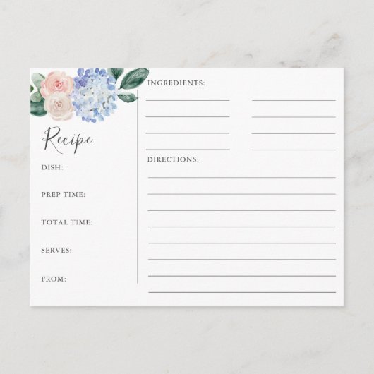 Elegante Blue Hydrangea Brautparty Rezept Cards Postkarte (Vorderseite)