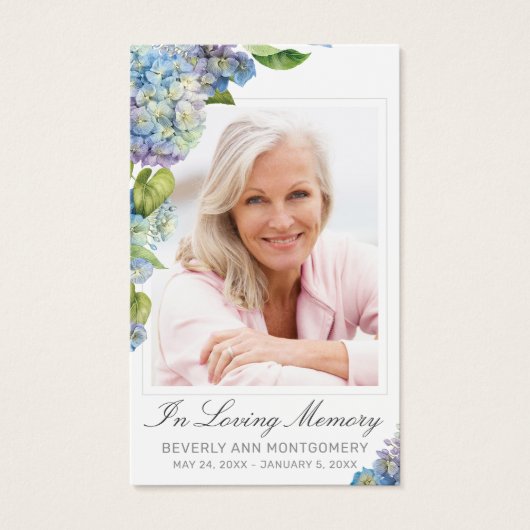 Elegante Blue Hydrangea Floral Foto Beerdigungskar (Vorderseite)