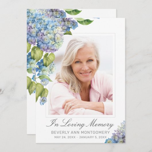 Elegante Blue Hydrangea Floral Foto Beerdigungskar Einladung (Vorne/Hinten)