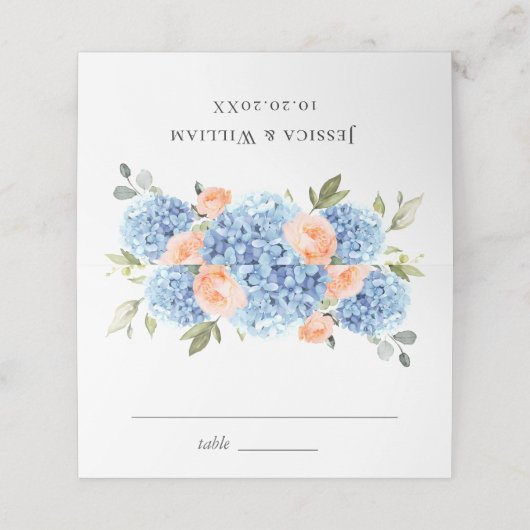 Elegante Blue Hydrangea Rosa Rose Platzkarte (Außenseite Aufgefaltet)