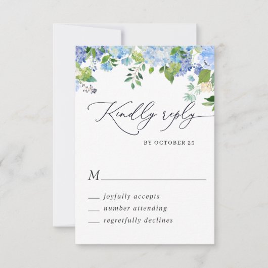 Elegante Blue Hydrangea Wassercolor Hochzeit RSVP Karte (Vorderseite)