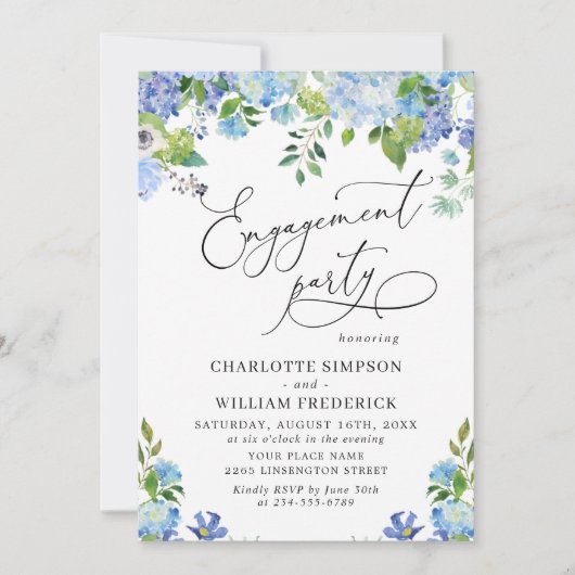 Elegante Blue Hydrangea Watercolor ENGAGEMENT PART Einladung (Vorderseite)