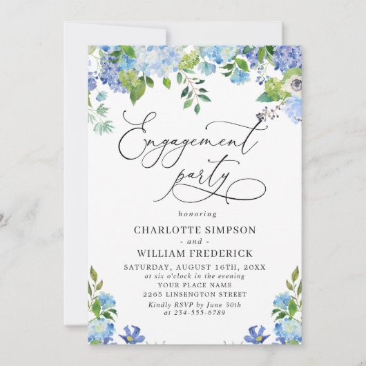 Elegante Blue Hydrangea Watercolor ENGAGEMENT PART Einladung (Vorderseite)