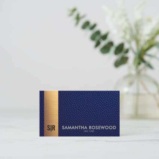Elegante Blue Leather & Gold Luxe Business Card Visitenkarte (Stehend Vorderseite)