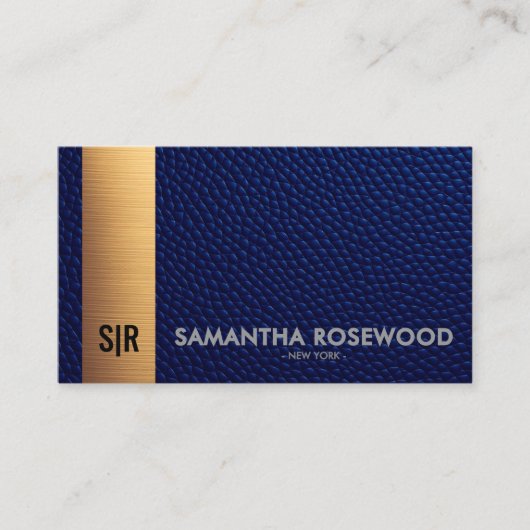 Elegante Blue Leather & Gold Luxe Business Card Visitenkarte (Vorderseite)
