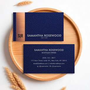 Elegante Blue Leather & Rose Gold Business Card Visitenkarte