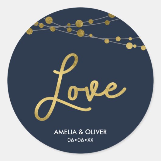 Elegante Blue Lights Imitate Gold Wedding Liebe Runder Aufkleber (Vorderseite)