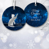 Elegante Blue Lights Silhouette Silver Playful Cat Ornament Aus Metall