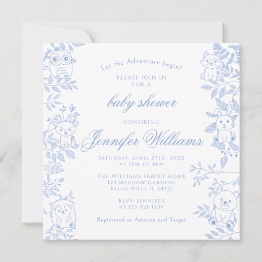 Elegante Blue Line Art Woodland Baby Boy Dusche Einladung (Vorderseite)
