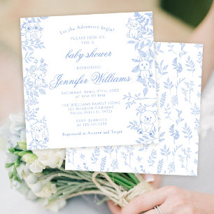 Elegante Blue Line Art Woodland Baby Boy Dusche Einladung