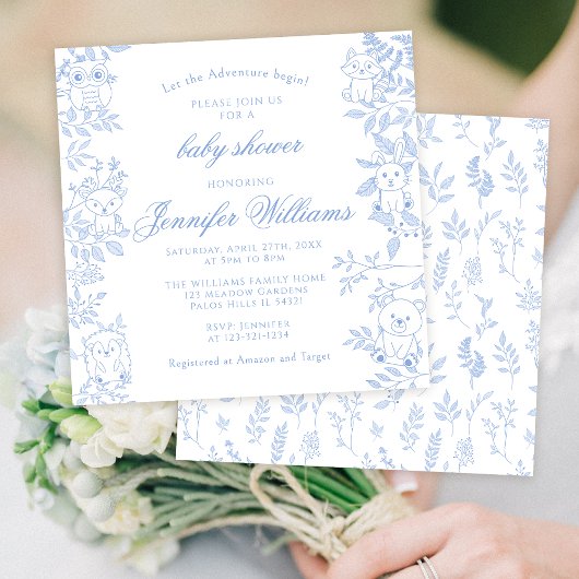 Elegante Blue Line Art Woodland Baby Boy Dusche Einladung
