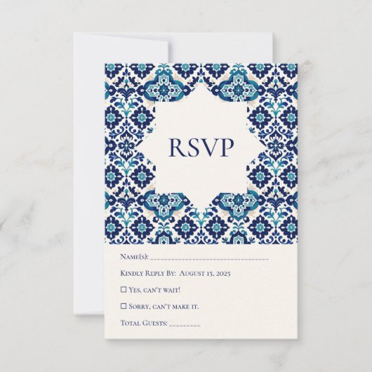 Elegante Blue Mediterranean Tile Wedding RSVP Card (Vorderseite)