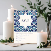 Elegante Blue Mediterranean Tile Wedding RSVP Card