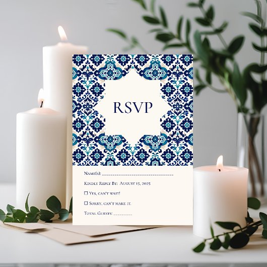 Elegante Blue Mediterranean Tile Wedding RSVP Card