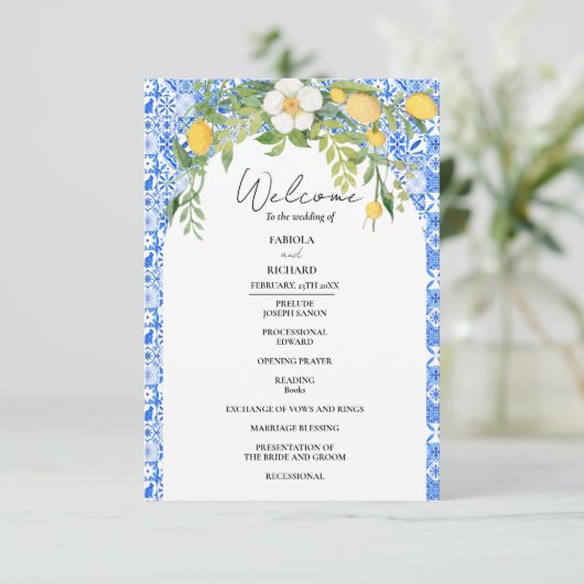 Elegante Blue Mediterranean Wedding Program Card (Stehend Vorderseite)