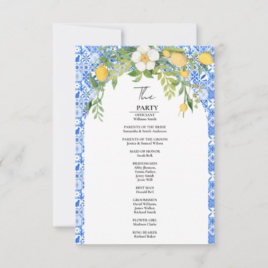Elegante Blue Mediterranean Wedding Program Card (Rückseite)