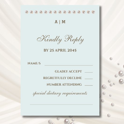 Elegante Blue Monogram Pearl Wedding RSVP Card Karte