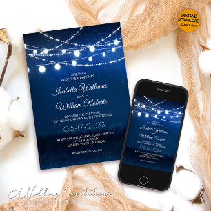 Elegante Blue Night & Silver String Lights Hochzei Einladung